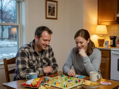 A couple playing a board game at their kitchen table with snacks.
