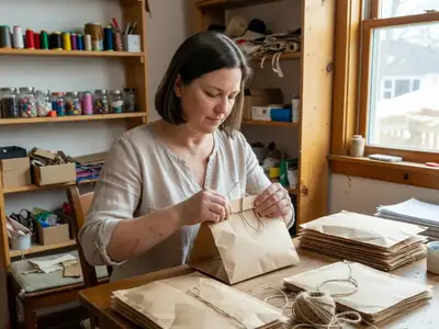 A woman running a small Etsy-style craft business, packing orders at a table in a spare room.