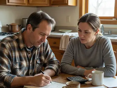 A couple at the kitchen table setting a monthly budget, the man writing in a notebook.
