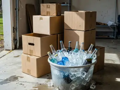 Cases of beer and wine and a tub of ice in a garage before a party.