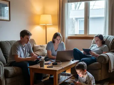 A family of four each on their own device in the living room, a teenager gaming, a parent on a video call.