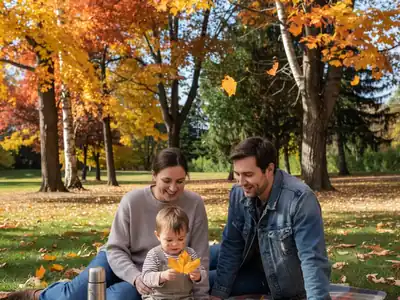 A young family of three on a picnic blanket in a park, parents watching their toddler.