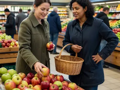 A woman choosing apples from a produce display in a busy grocery store, her friend holding the basket.