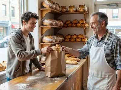 A young man collecting a paper surprise bag of bakery items from a smiling baker over a bakery counter.