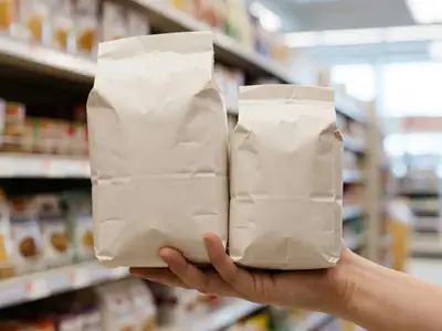 Close-up of a hand holding two different-sized plain bags of rice side by side in a grocery aisle to compare them.