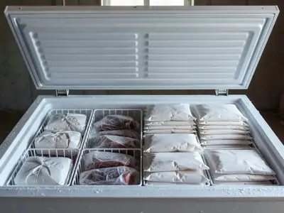 An open chest freezer neatly organised with wrapped meat portions in baskets and stacked flat freezer bags.