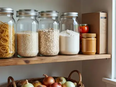 A tidy pantry shelf with plain jars of pasta, rice, oats, flour, canned tomatoes, peanut butter and cereal in simple packages.
