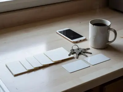 A kitchen counter with a short checklist-style row of blank index cards, a set of keys, two blank bank cards and a phone face down.