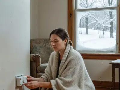 A woman adjusting a baseboard thermostat in a snug living room in winter.