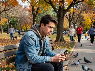 A young man on a park bench looking at his phone with a frustrated expression.