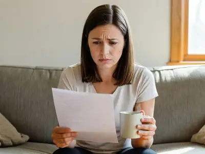 A woman sitting on a sofa reading a plain letter with a frown, a mug in her other hand.