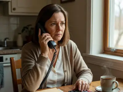 A woman at her kitchen table on the phone with an insurance agent, a calculator and a closed folder in front of her.