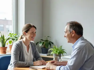 A woman talking with an insurance broker across a small office desk, both smiling.