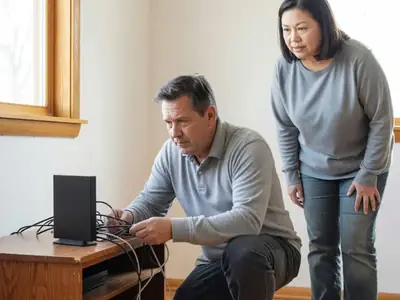An installer connecting a modem behind a TV stand while the homeowner watches.