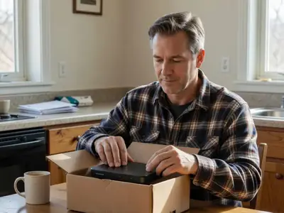 A man calmly packing a router into its box at his kitchen table, about to switch providers.