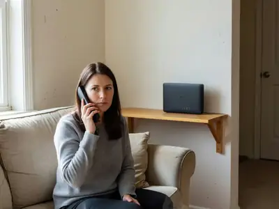 A woman sitting on her sofa on the phone with her internet provider, calm and firm, a home Wi-Fi router with small green lights on the shelf beside her.