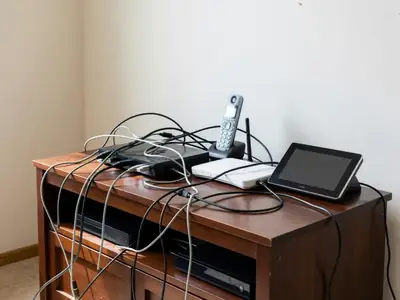 A TV stand with a cable box, a router and a home phone handset tangled with cables.