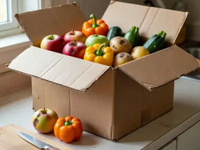 A discounted surplus produce box opened on a counter with apples, peppers, zucchini and potatoes, a couple of bruised pieces set aside.
