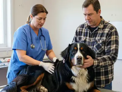 A vet examining a Bernese mountain dog on an exam table while the owner holds its head.
