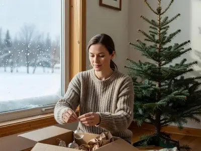 A woman in a cozy sweater taking down holiday decorations and packing ornaments into a box, looking calm and determined.