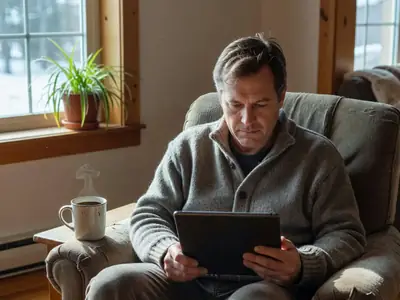 A man in a cardigan reading on a tablet in an armchair by the window with a mug of coffee.