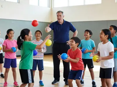 A group of children in a community centre gym class tossing balls.