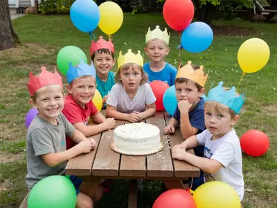 Kids at a backyard birthday party wearing paper crowns around a homemade cake.