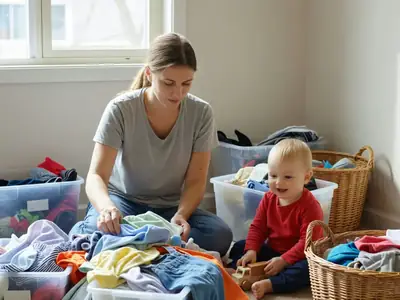 A mother sorting a pile of outgrown kids' clothes into bins on a living room floor while a toddler plays.