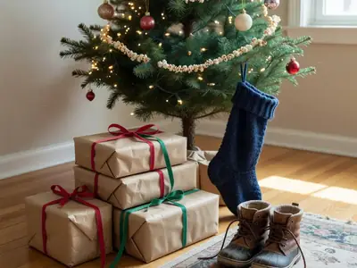 A small pile of wrapped gifts in plain paper with ribbons under a modestly decorated Christmas tree, a pair of child's winter boots and a knitted stocking nearby.