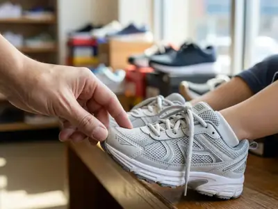 A parent's thumb pressing the toe of a child's new running shoe to check the fit.