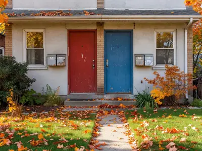 A duplex house with two separate front doors and two mailboxes.