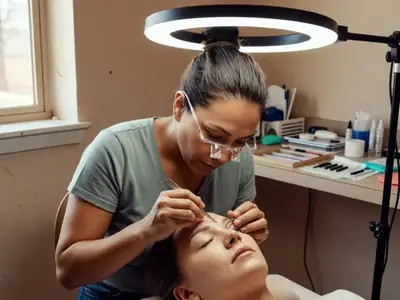 A lash technician applying lash extensions to a woman lying back with eyes closed.