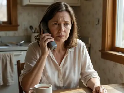 A woman in her fifties on the phone at her kitchen table, looking worried but hopeful.