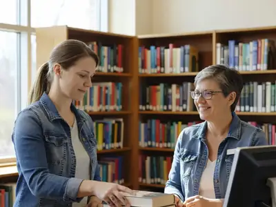 A woman checking out books at a public library desk while a librarian smiles.