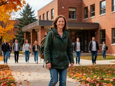 A woman in her forties walking into a college building with a backpack, smiling.