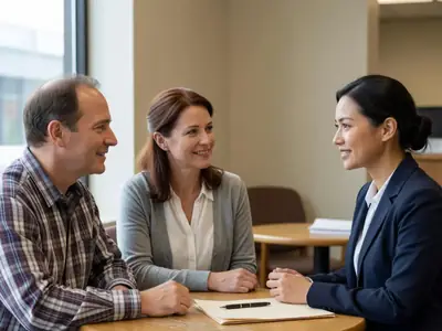 A couple talking with a lending advisor across a small round table in a bank office.