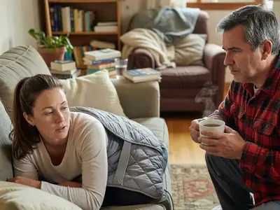 A woman in her forties resting on her sofa with a heating pad on her back, her partner bringing tea.