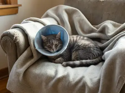 A sleepy cat in a soft cone recovering on a blanket after surgery.