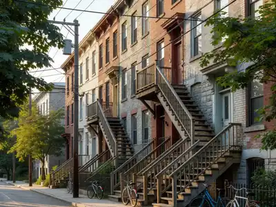 A Montréal street of plexes with outdoor staircases and overhead wires in late afternoon light.