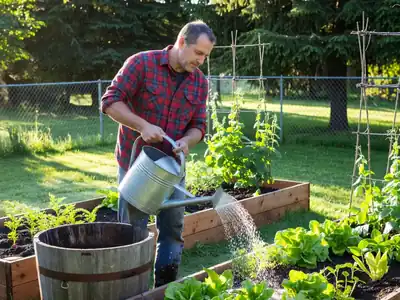 A man watering a garden with a watering can drawn from a rain barrel.