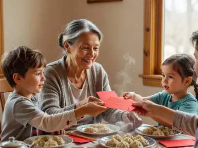A grandmother handing red envelopes to grandchildren at a Lunar New Year family dinner.