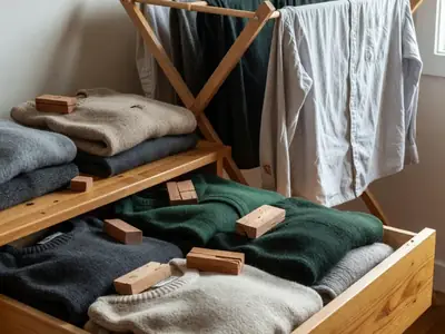 Wool sweaters folded with cedar blocks in a drawer and a drying rack of shirts nearby.