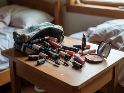 A makeup bag spilling out older mascaras, lipsticks and a compact onto a vanity.