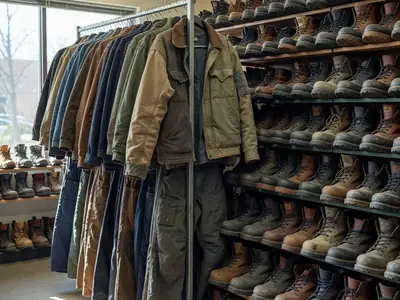 A rack of heavy work jackets and insulated work pants beside a wall of work boots.