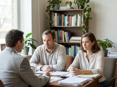A couple in their thirties sitting across a lawyer's desk in a bright office, listening seriously.