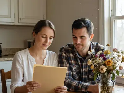 A newlywed couple at their kitchen table, the woman holding a closed plain folder.
