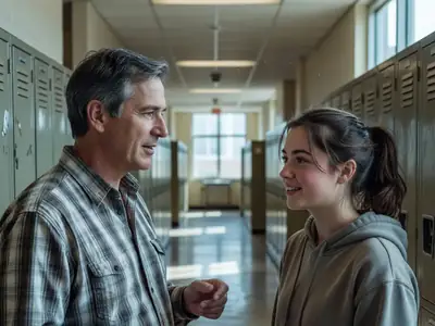 A man in his fifties chatting with a younger classmate before a university lecture.