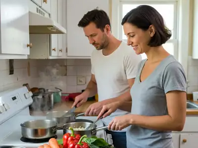 A couple cooking dinner together from fresh ingredients in their kitchen.