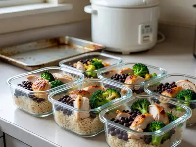 Five glass meal-prep containers on a counter filled with rice, roasted chicken, broccoli and black beans.