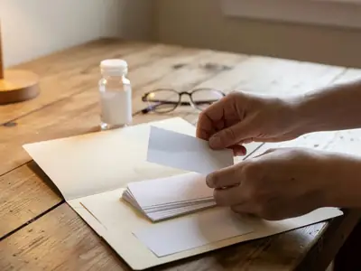 Close-up of hands sorting a few small plain white paper slips into a folder on a kitchen table beside a pill bottle and reading glasses.